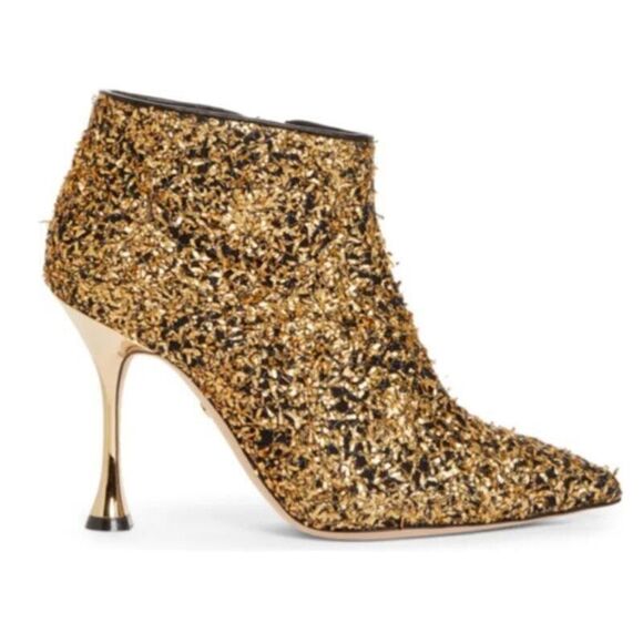 Manolo Blahnik Stiletto Ankle Bootie 39 Pointed Toe Glam Designer Gold Pluta - Picture 15 of 15